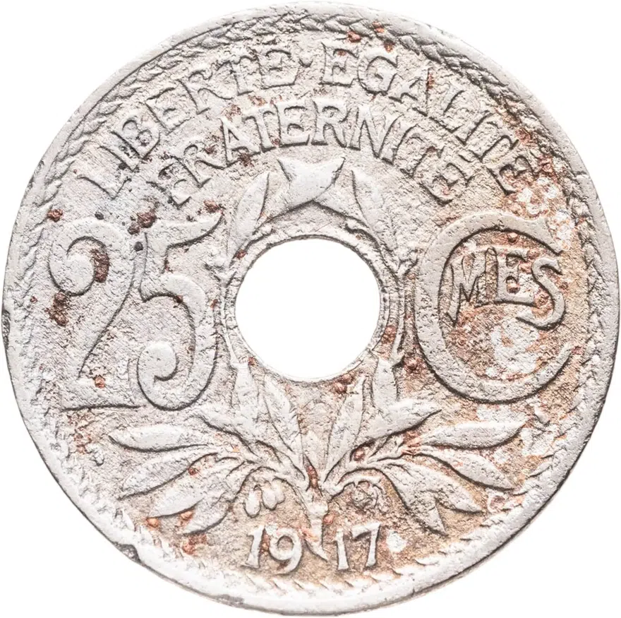 Франция 25 сантимов (centimes) 1917  Без подчеркивания под "MES", реверс