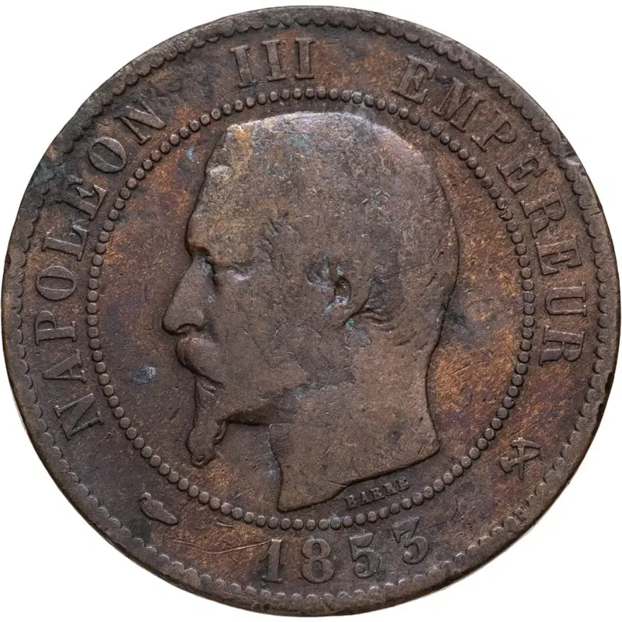 Франция 10 сантимов (centimes) 1853 B  знак монетного двора: "B" - Руан