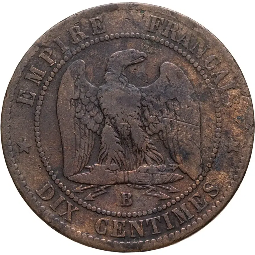 Франция 10 сантимов (centimes) 1853 B  знак монетного двора: "B" - Руан, реверс