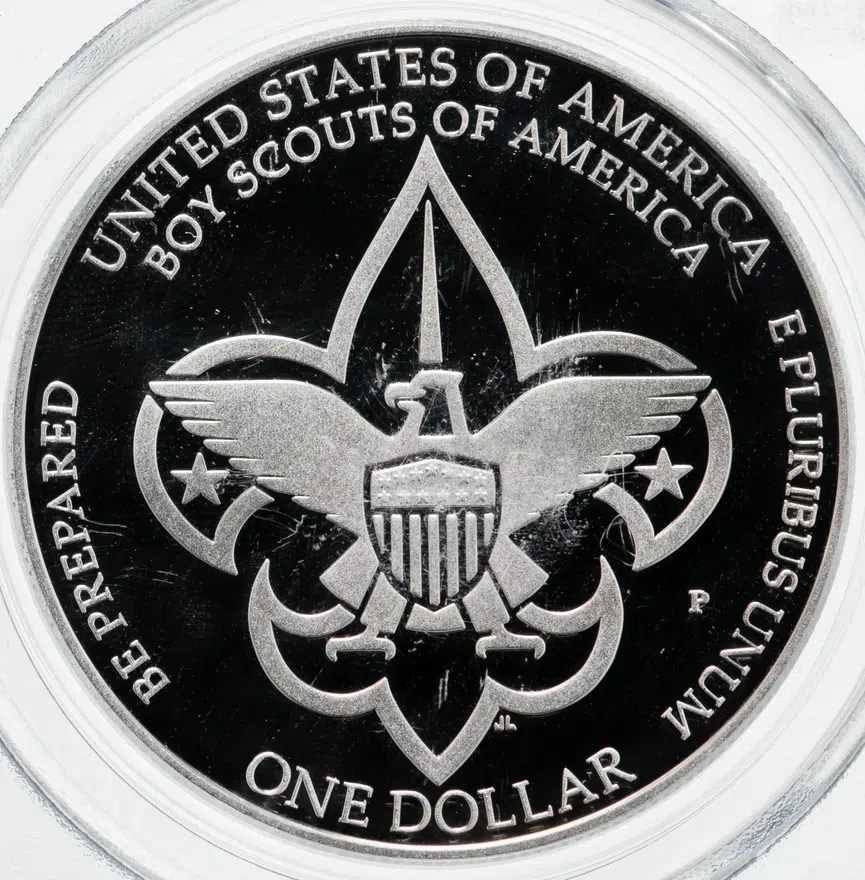 США 1 доллар (dollar) 2010 "100 лет бойскаутам Америки", в слабе NGC MS70, реверс
