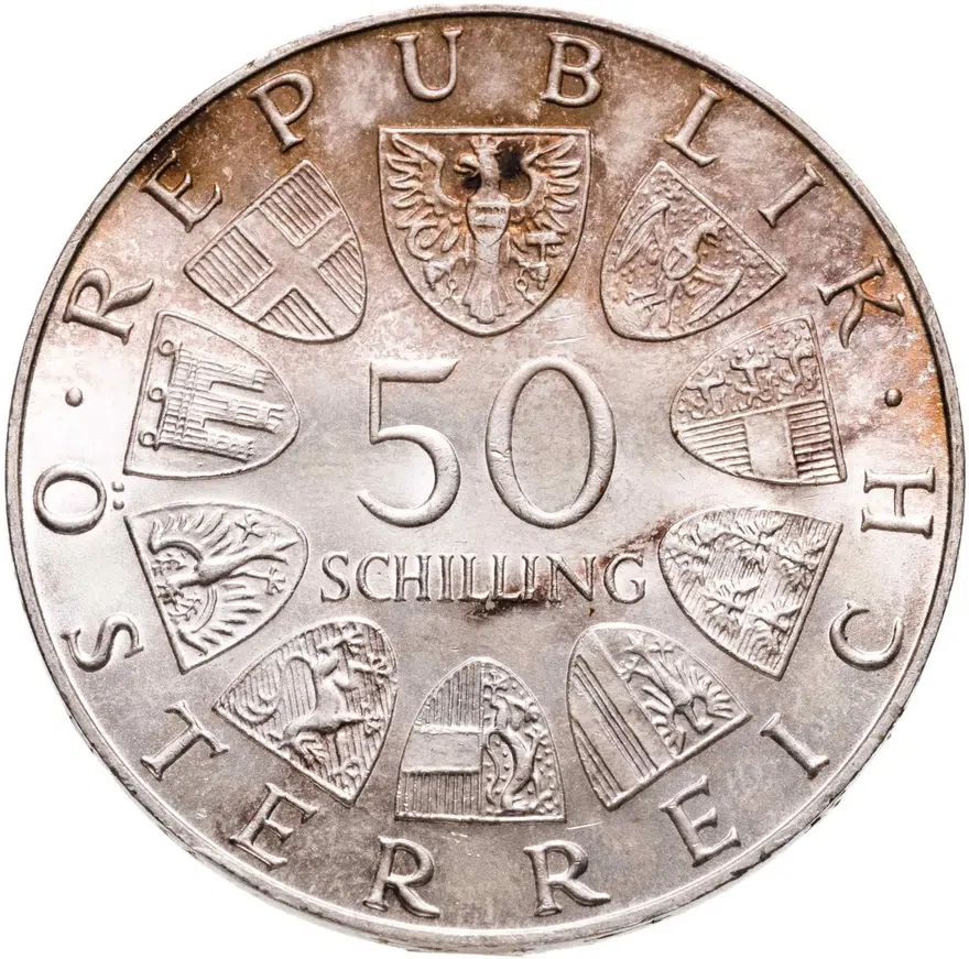 Австрия 50 шиллингов (shillings) 1973  500 лет гостинице "Золотой лев", реверс