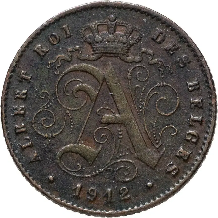 Бельгия 1 сантим (centime) 1912  Надпись на французском - 'ALBERT ROI DES BELGES', реверс
