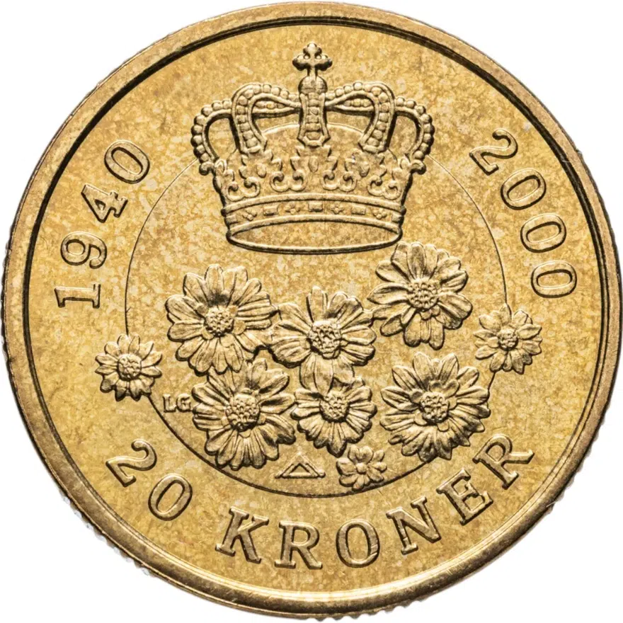 Дания 20 крон (kroner) 2000 "60 лет со дня рождения королевы Маргрете II", реверс
