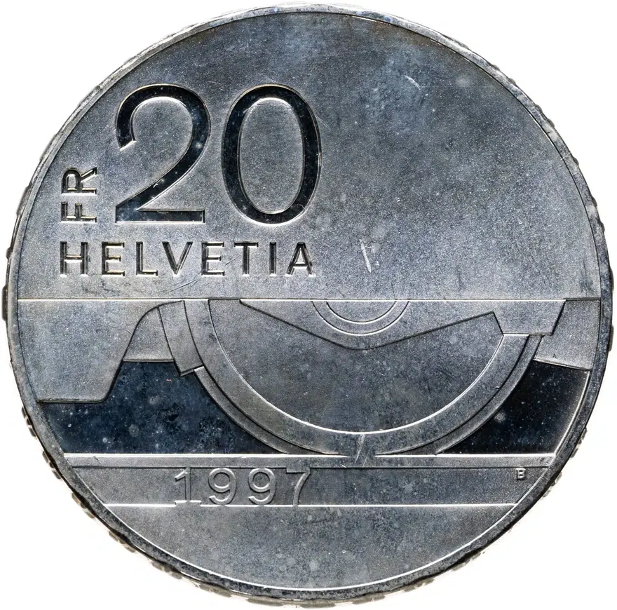 Швейцария 20 франков (francs) 1997  150 лет Швейцарской железной дороге, аверс