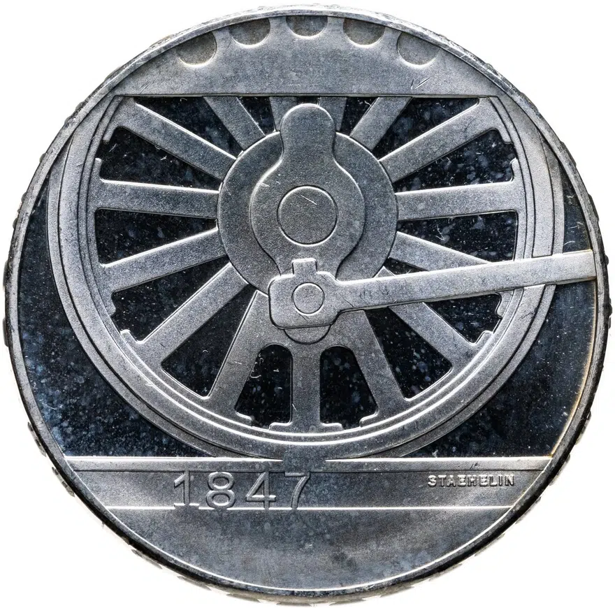 Швейцария 20 франков (francs) 1997  150 лет Швейцарской железной дороге, реверс