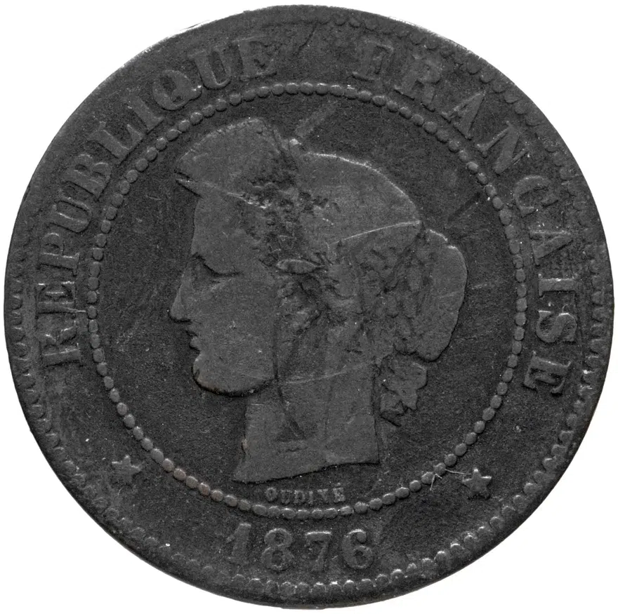 Франция 5 сантимов (centimes) 1876 K  знак монетного двора: "K" - Бордо, реверс