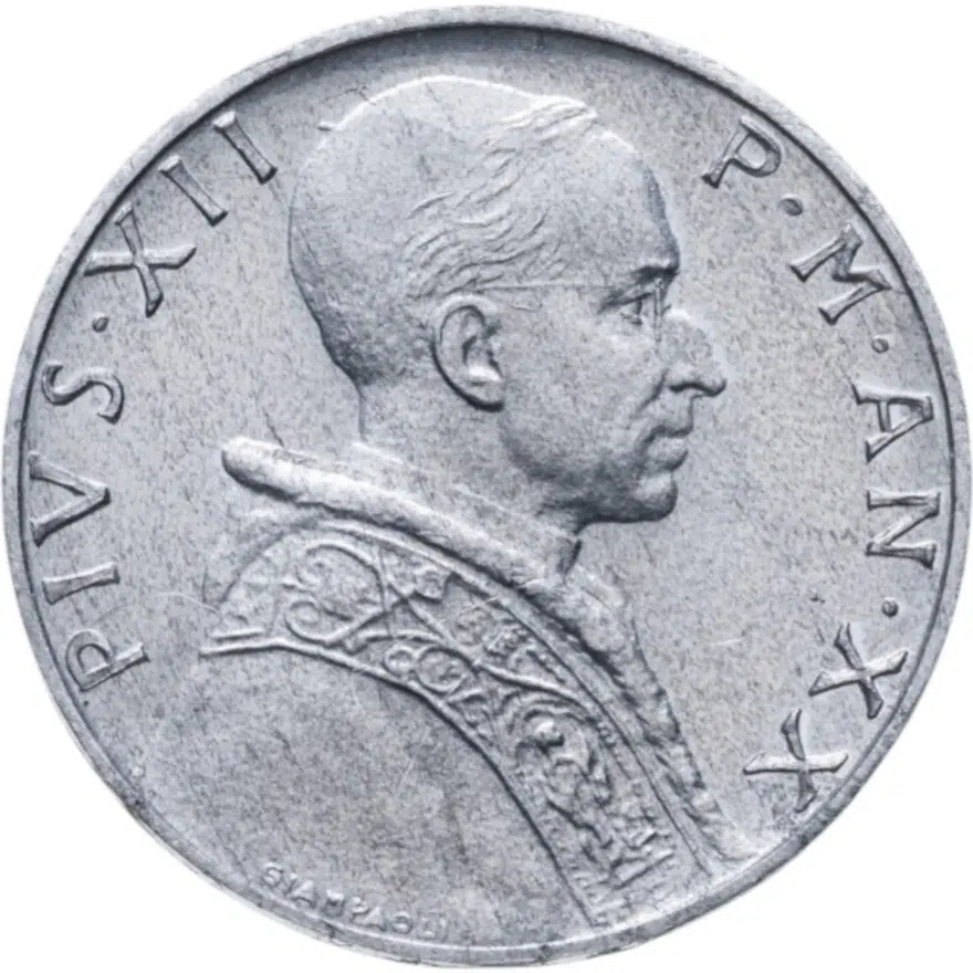 Ватикан 5 лир (lire) 1958   Надпись на аверсе "P·M·AN·"