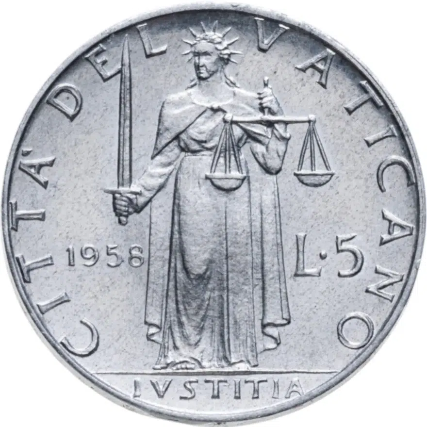 Ватикан 5 лир (lire) 1958   Надпись на аверсе "P·M·AN·", реверс