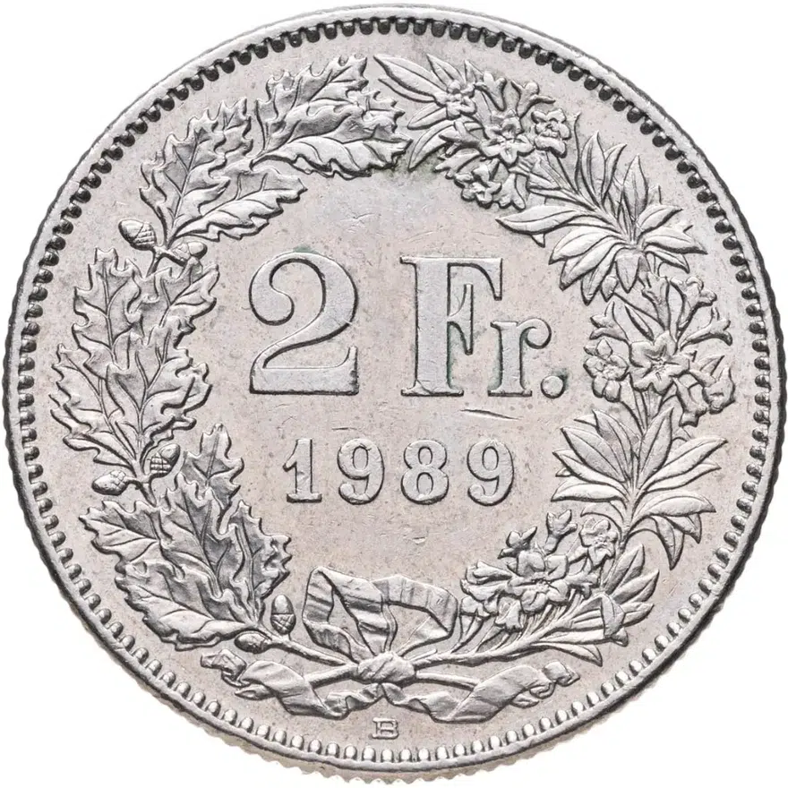 Швейцария 2 франка (francs) 1989, аверс