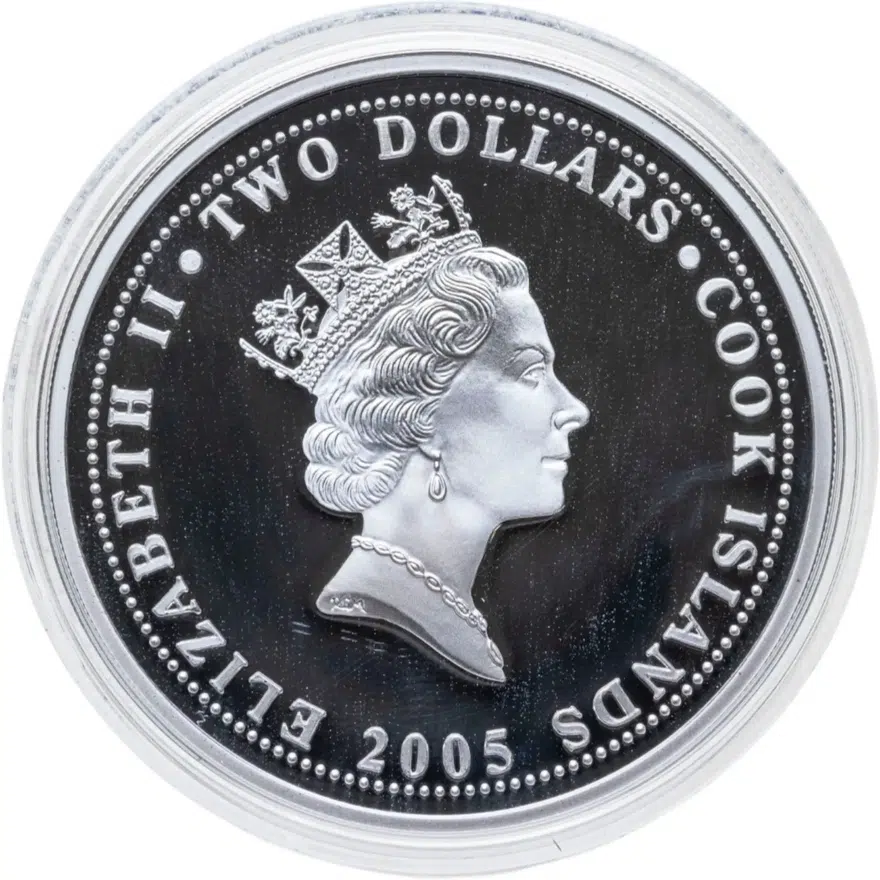 Острова Кука 2 доллара (dollars) 2005  Птицы Новой Зеландии - Желтолобый прыгающий попугай, реверс