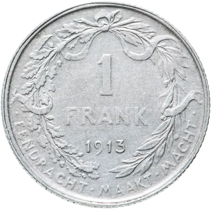 Бельгия 1 франк (franc) 1913   надпись на голландском - "ALBERT KONING DER BELGEN", реверс