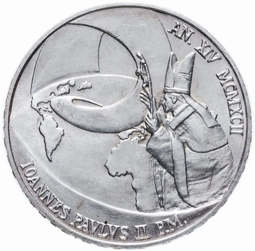 Ватикан 500 лир (lire) 1992  Евангелизация Америки, аверс