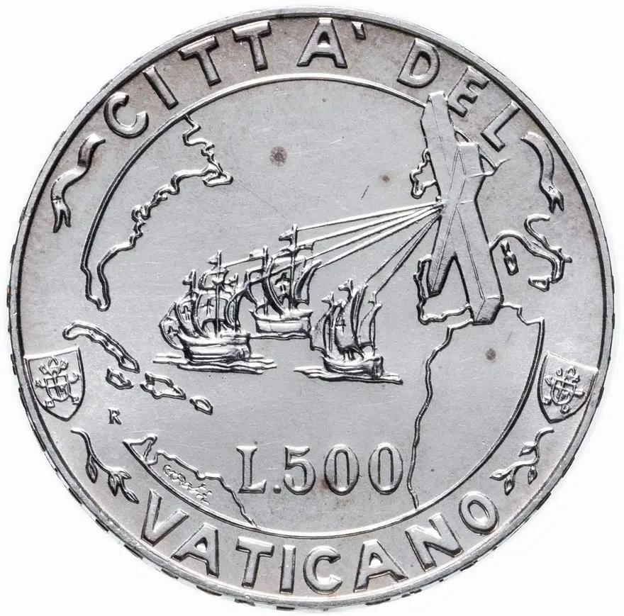 Ватикан 500 лир (lire) 1992  Евангелизация Америки, реверс