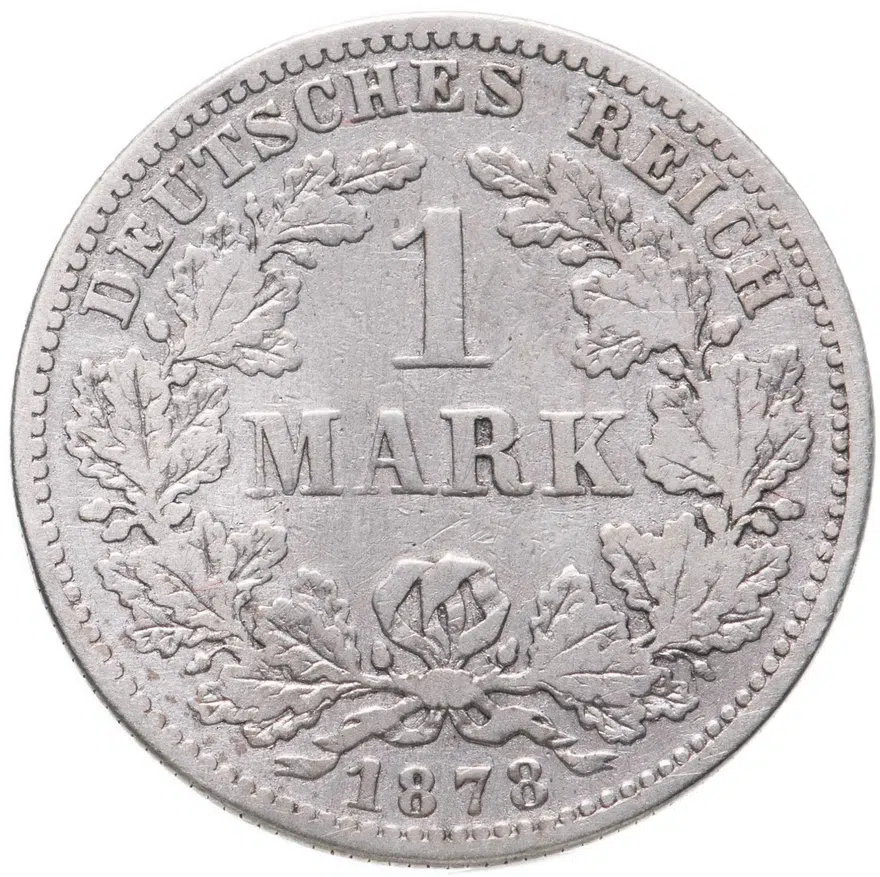 Германия 1 марка (mark) 1878 F  знак монетного двора: "F" - Штутгарт