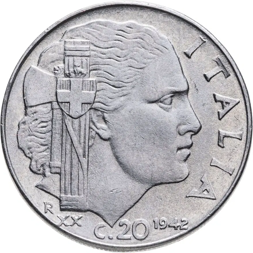 Италия 20 чентезимо (centesimi) 1942  Магнетик, ребристый гурт, аверс