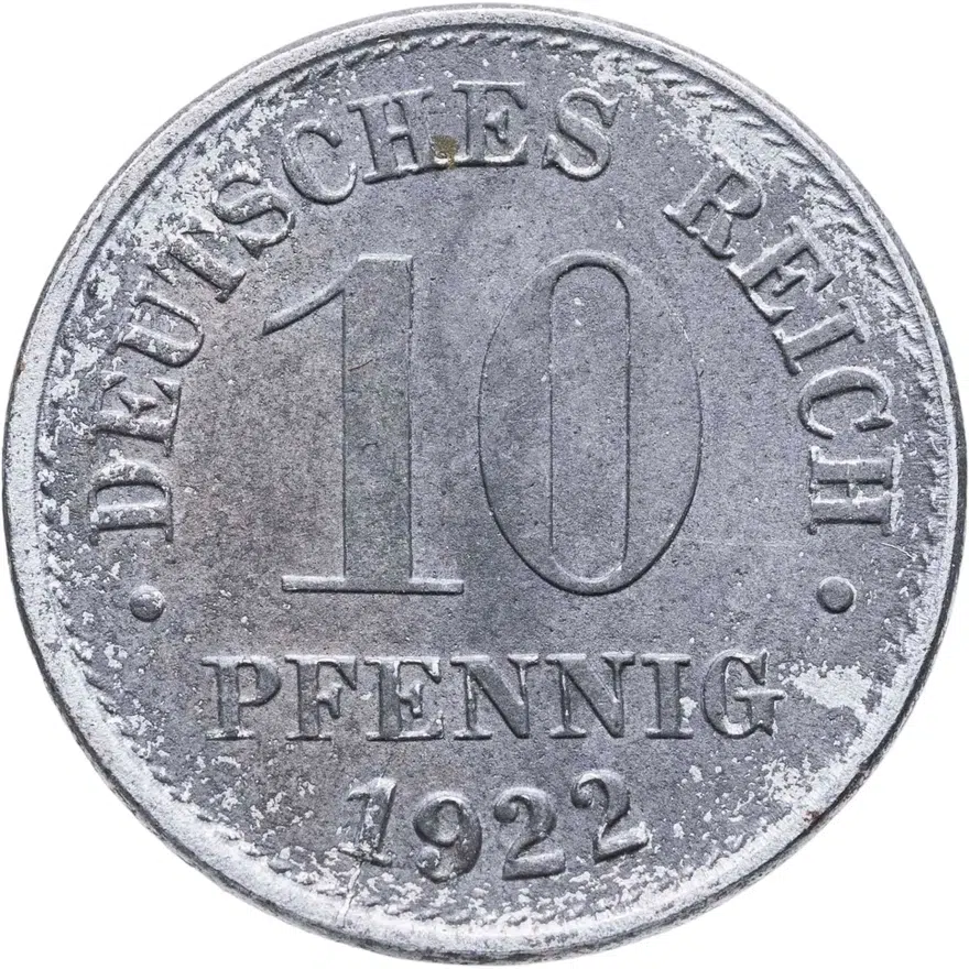 Германия 10 пфеннигов (pfennig) 1922 J Железо /магнетик/ знак монетного двора: "J" - Гамбург, аверс