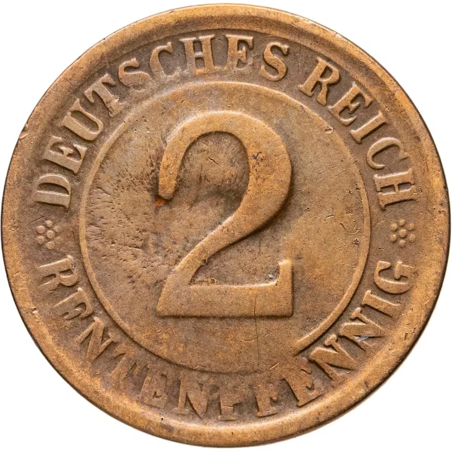 Германия 2 пфеннига (рентенпфеннига, rentenpfennig) 1924 E  знак монетного двора "E" — Мульденхюттен