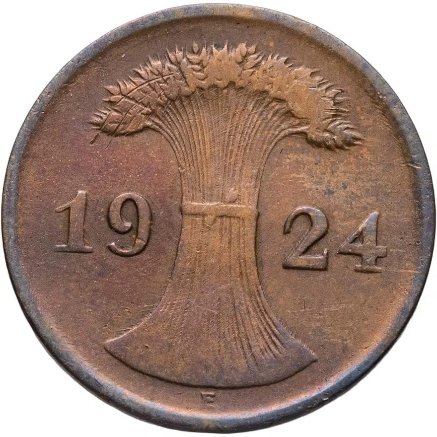 Германия 2 пфеннига (рентенпфеннига, rentenpfennig) 1924 E  знак монетного двора "E" — Мульденхюттен, реверс