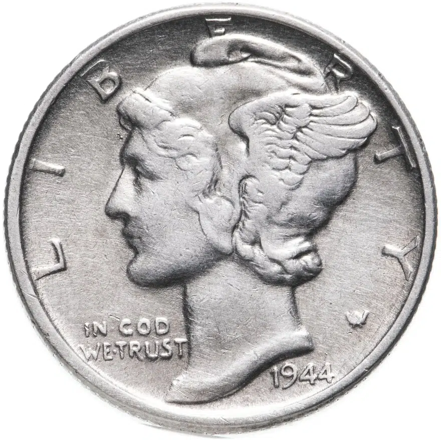 США 10 центов (дайм, one dime) 1944  Mercury Dime (дайм «Меркурий») без обозначения монетного двора, аверс