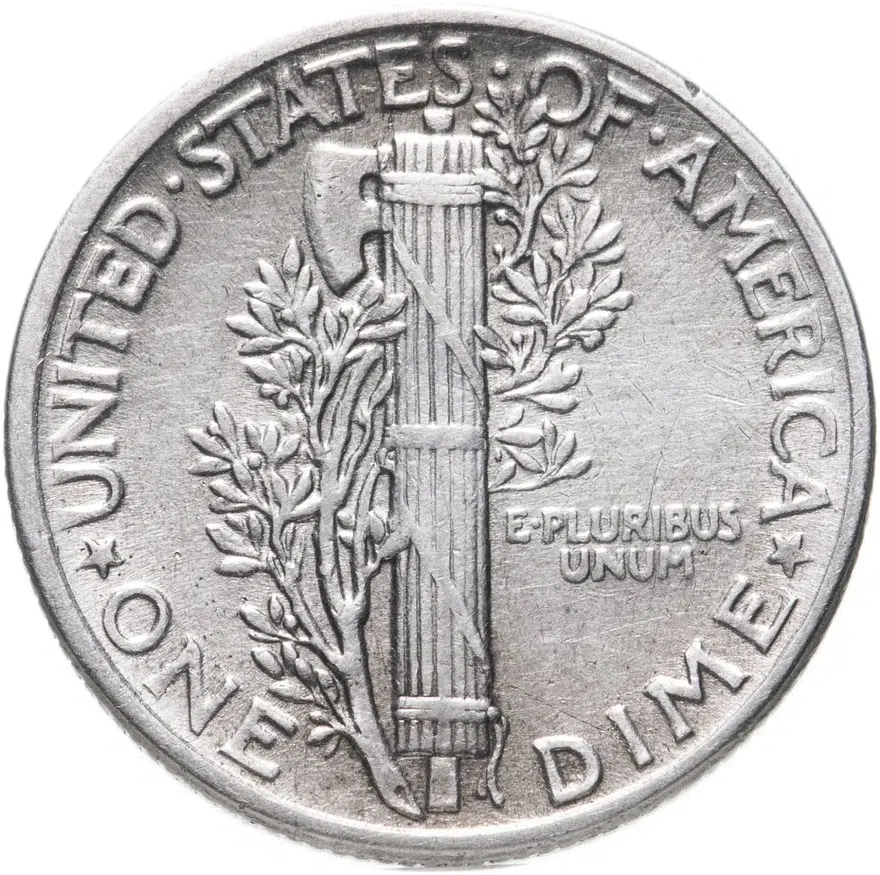 США 10 центов (дайм, one dime) 1944  Mercury Dime (дайм «Меркурий») без обозначения монетного двора, реверс