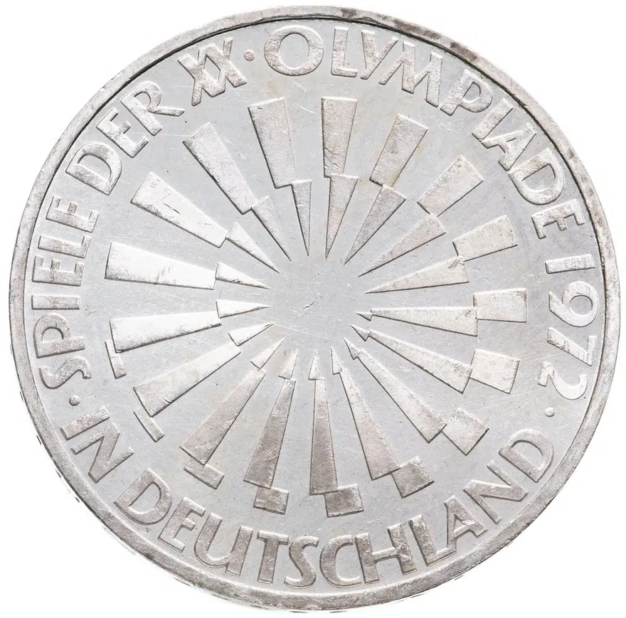 Германия 10 марок (mark) 1972 G XX летние Олимпийские Игры, Мюнхен 1972 - Эмблема "In München" знак монетного двора: "G" - Карлсруэ