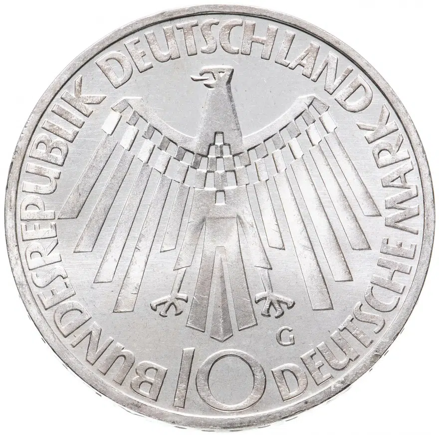 Германия 10 марок (mark) 1972 G XX летние Олимпийские Игры, Мюнхен 1972 - Эмблема "In München" знак монетного двора: "G" - Карлсруэ, реверс