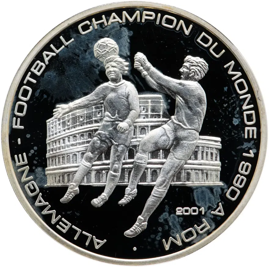 Республика Конго 1000 франков (francs) 2001  Чемпионат мира по футболу 1990, аверс