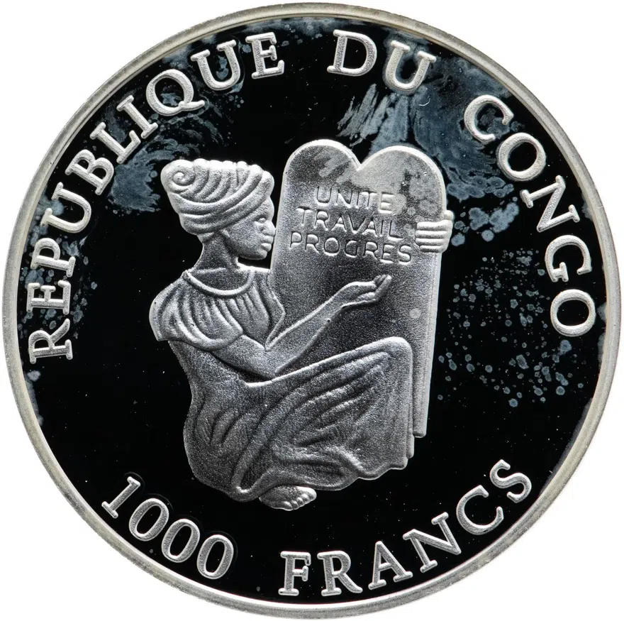 Республика Конго 1000 франков (francs) 2001  Чемпионат мира по футболу 1990, реверс