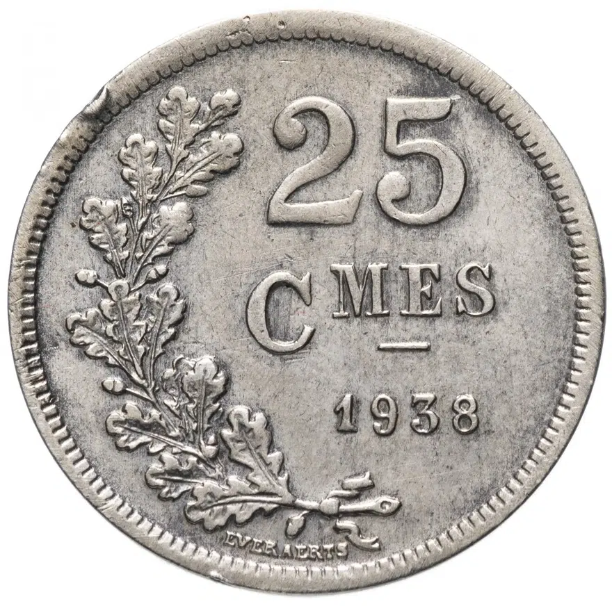 Люксембург 25 сантимов (centimes) 1938, реверс
