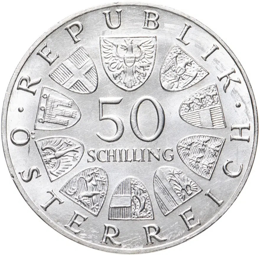 Австрия 50 шиллингов (shillings) 1968  50 лет Республике, реверс