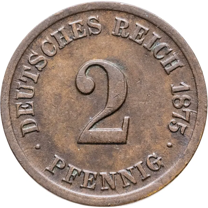 Германия 2 пфеннига (pfennig) 1875 F  знак монетного двора: "F" - Штутгарт