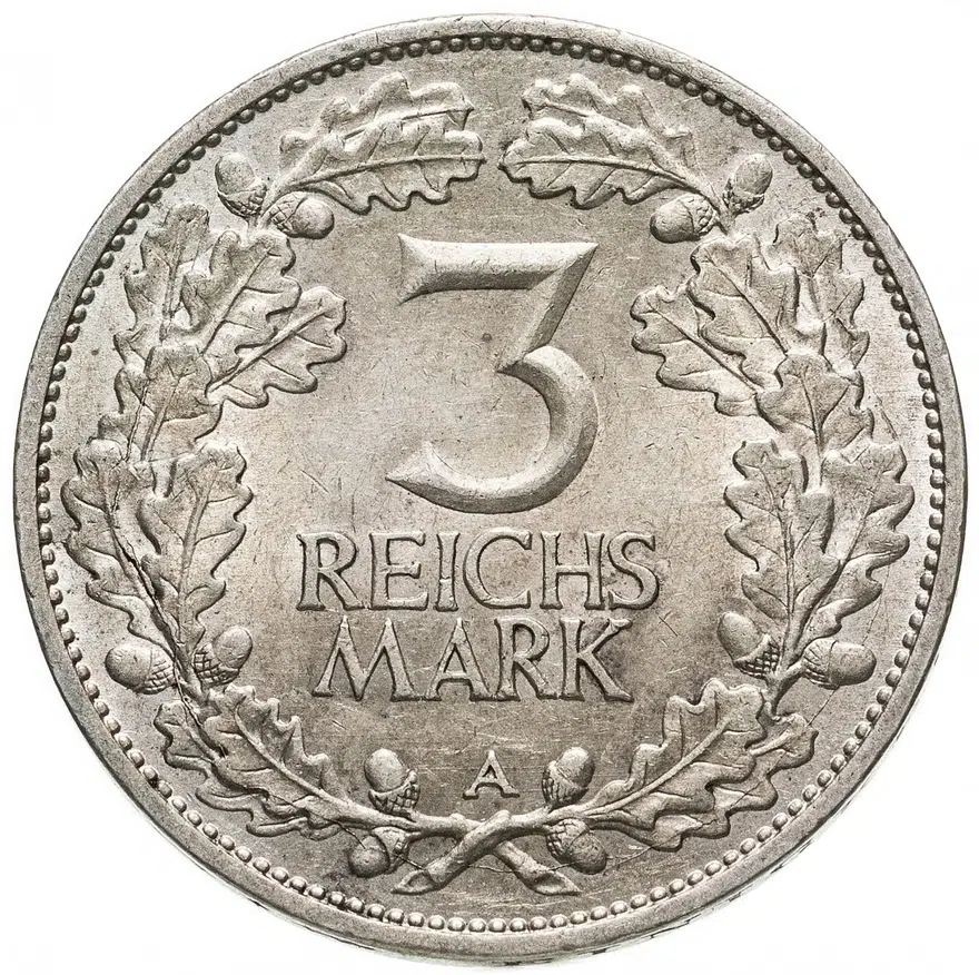 Германия 3 рейхсмарки (reichsmark) 1925 A Тысячелетие Рейнской области (Рейнланда) знак монетного двора "A" — Берлин