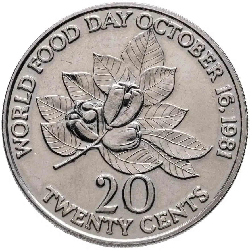 Ямайка 20 центов (cents) 1981 FM ФАО - FORESTRY FOR DEVELOPMENT знак монетного двора "FM" — The Franklin Mint