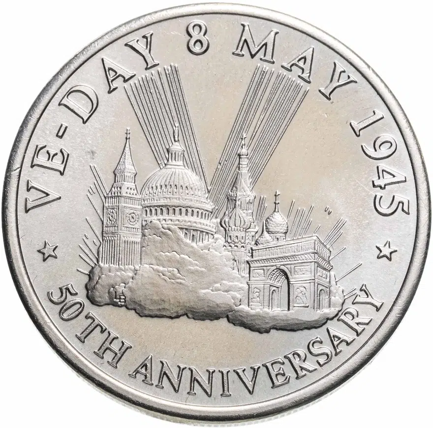 Тёркс и Кайкос 5 крон (crowns) 1995  50 лет Победе. Столицы - Лондон, Вашингтон, Москва и Париж