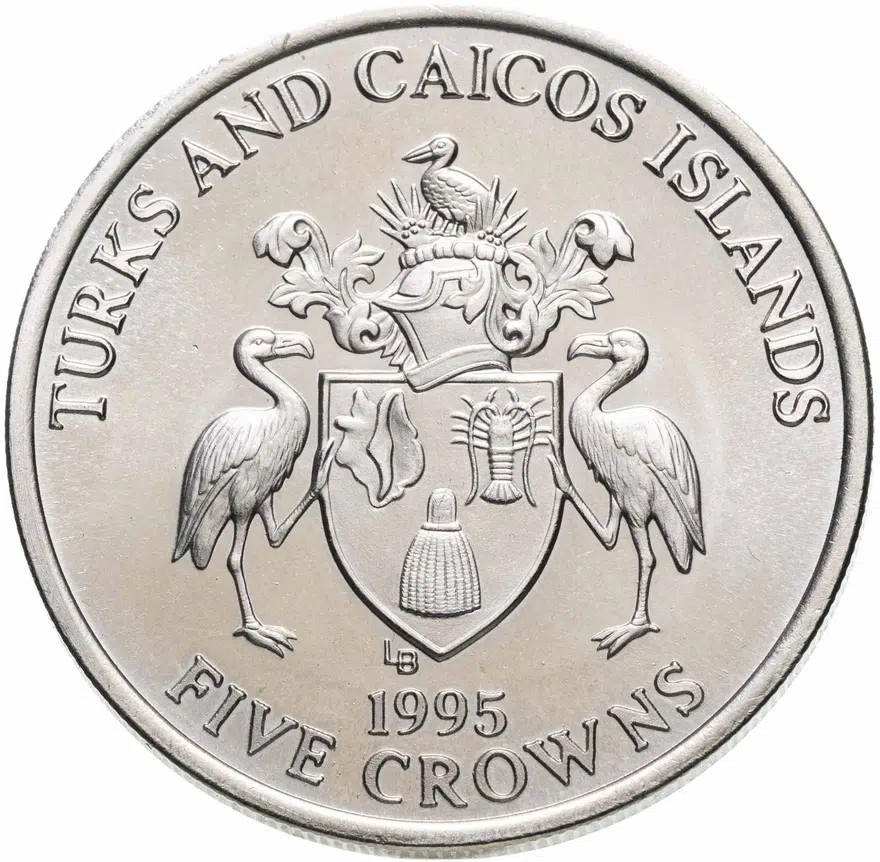 Тёркс и Кайкос 5 крон (crowns) 1995  50 лет Победе. Столицы - Лондон, Вашингтон, Москва и Париж, реверс