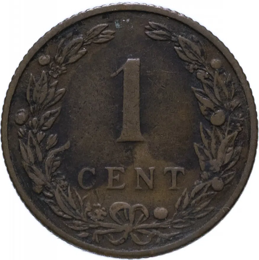 Нидерланды 1 цент (cent) 1906 рубчатый гурт, реверс