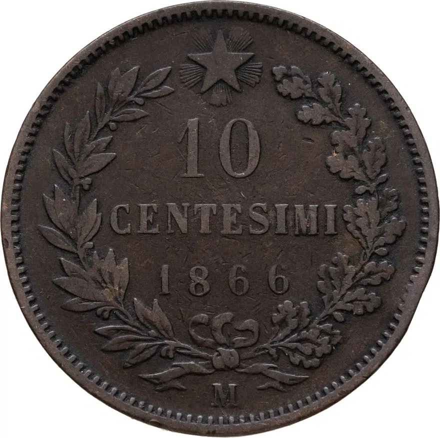 Италия 10 чентезимо (centesimi) 1866 M  знак монетного двора: "M" - Милан, аверс