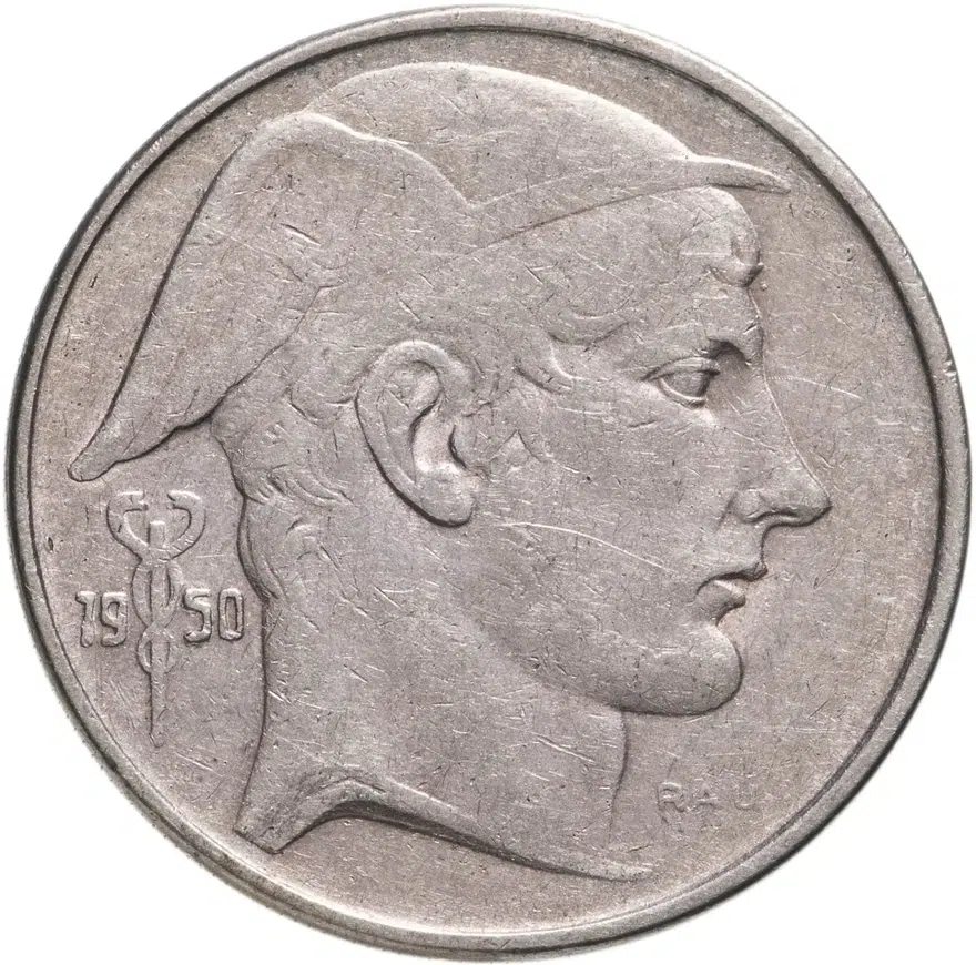 Бельгия 20 франков (francs) 1950  Надпись на французском - 'BELGIQUE' Монетное отношение аверс/реверс (180°)