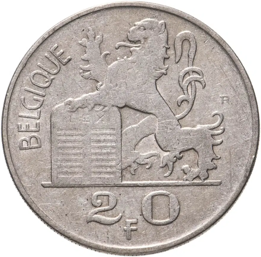 Бельгия 20 франков (francs) 1950  Надпись на французском - 'BELGIQUE' Монетное отношение аверс/реверс (180°), реверс