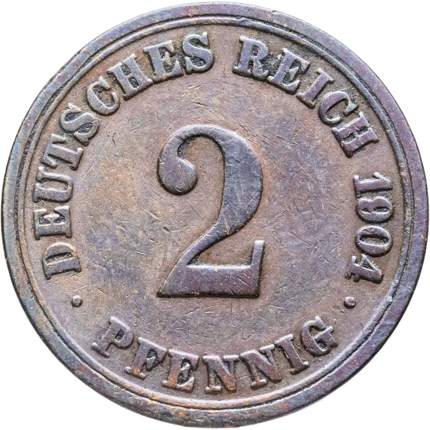 Германия 2 пфеннига (pfennig) 1904 A  знак монетного двора: "A" - Берлин, аверс