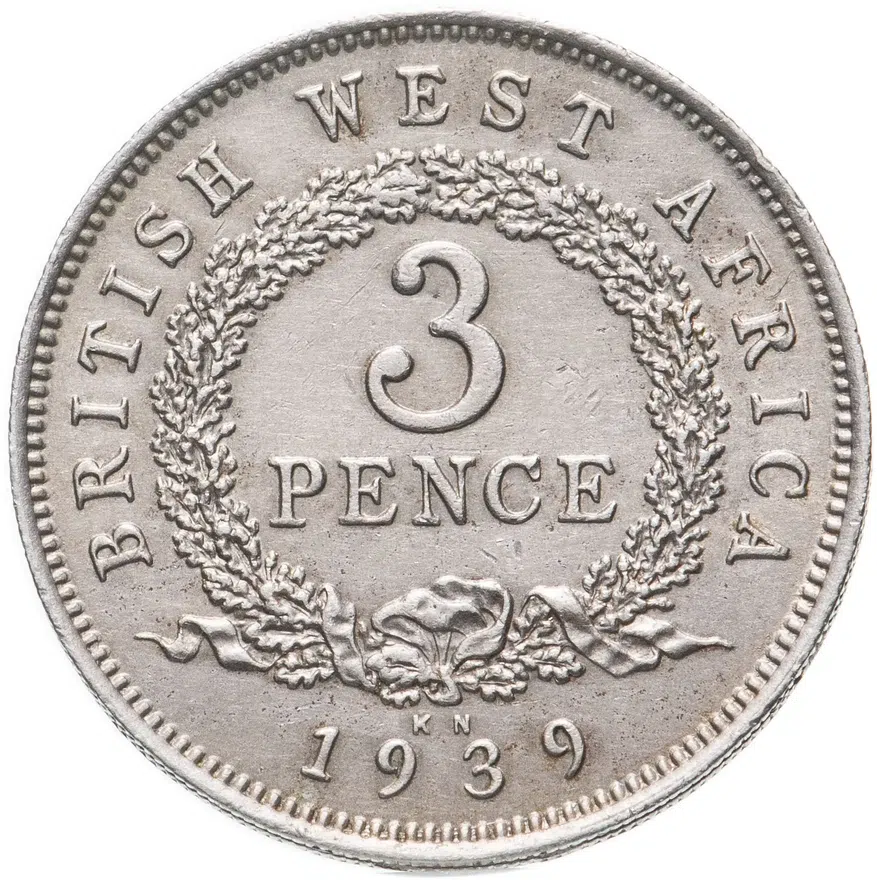 Британская Западная Африка 3 пенса (pence) 1939 KN  знак монетного двора: "KN" - Кингз Нортон Металл, Бирмингем, реверс