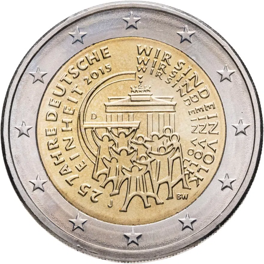 Германия 2 евро (euro) 2015 25 лет объединению Германии знак монетного двора: "J" - Гамбург
