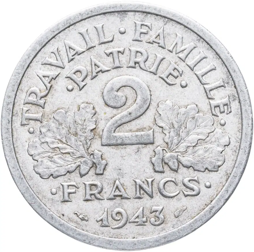 Франция 2 франка (francs) 1943   без обозначения монетного двора, реверс
