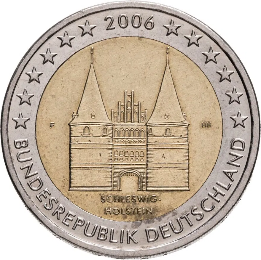 Германия 2 евро (euro) 2006 Федеральные земли Германии: Шлезвиг-Гольштейн - Голштинские ворота в Любеке, знак монетного двора "F" - Штутгарт