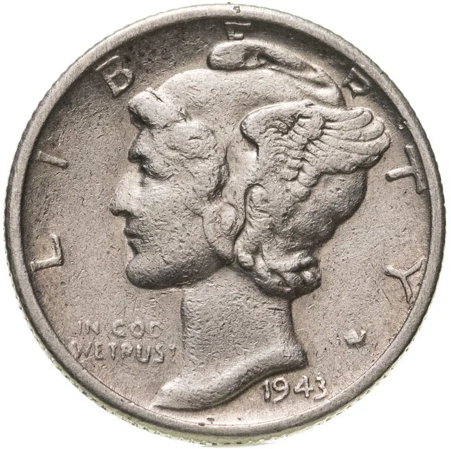 США 10 центов (дайм, one dime) 1943 S Mercury Dime (дайм «Меркурий») знак монетного двора "S" - Сан-Франциско