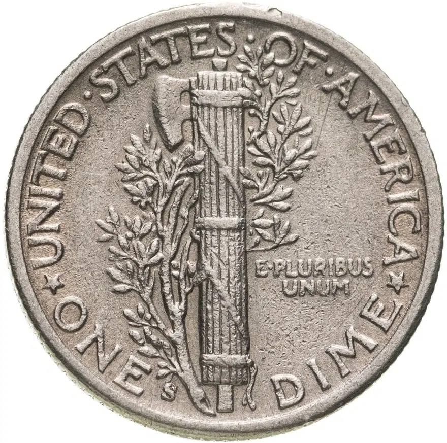 США 10 центов (дайм, one dime) 1943 S Mercury Dime (дайм «Меркурий») знак монетного двора "S" - Сан-Франциско, реверс
