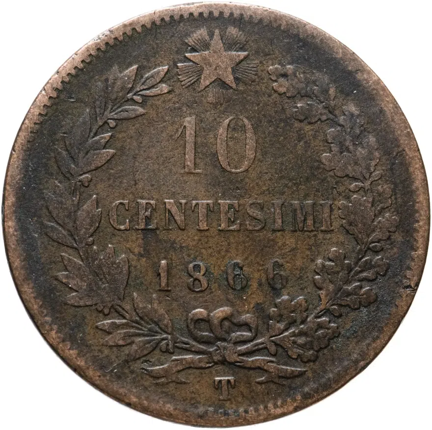 Италия 10 чентезимо (centesimi) 1866 T  знак монетного двора: "T" - Турин