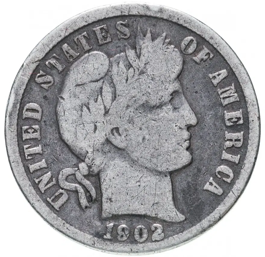 США 10 центов (дайм, one dime) 1902 O Barber Dime знак монетного двора: "O" - Новый Орлеан