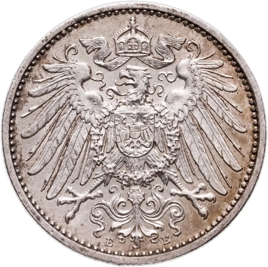 Германия 1 марка (mark) 1915 E  знак монетного двора: "E" - Мульденхюттен, реверс