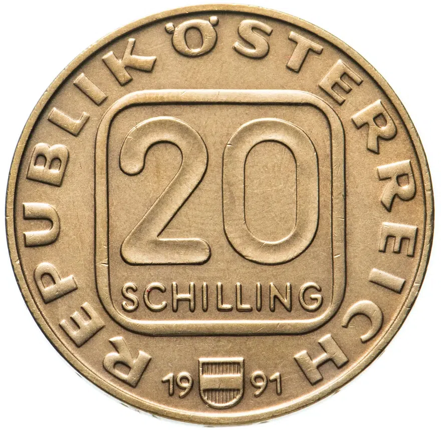 Австрия 20 шиллингов (shillings) 1991 "Башня Мартинстурм в Брегенце"